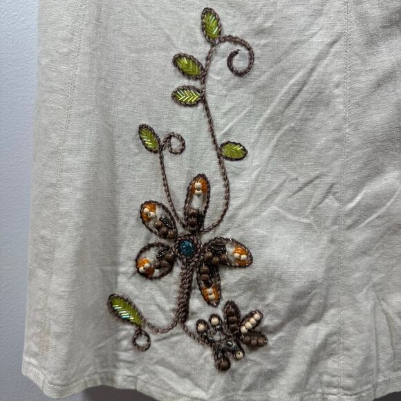 Womens Skirt 10 Cream Linen Blend Floral Beaded Embroidery Lagenlook Boho Spring - Picture 3 of 9